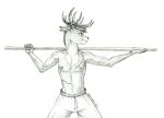 2021 anthro antlers baron_engel bottomwear cervid clothed clothing graphite_(artwork) horn male mammal navel nipples pencil_(artwork) quarterstaff solo staff topless traditional_media_(artwork) 