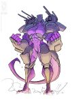  2021 abs anthro armor big_breasts breasts conditional_dnp dust_cloud empty_eyes featureless_crotch female gun headgear helmet jollyjack kaiju machine muscular muscular_anthro muscular_arms muscular_female muscular_thighs power_armor purple_body ranged_weapon reptile scalie solo weapon white_eyes 