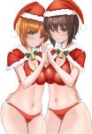  2girls bangs bell bikini blush bow bowtie breasts brown_eyes brown_hair capelet christmas cleavage closed_mouth commentary eyebrows_visible_through_hair fur-trimmed_capelet fur_trim girls_und_panzer green_bow green_bowtie halterneck hand_on_another&#039;s_waist hat highres holding_hands interlocked_fingers looking_at_viewer mamaa_(maeni6379) medium_breasts multiple_girls navel neck_bell nishizumi_maho nishizumi_miho red_bikini red_capelet red_headwear santa_bikini santa_hat short_hair siblings side-by-side simple_background sisters smile swimsuit white_background 