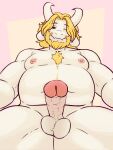  abstract_background anthro asgore_dreemurr beard bovid caprine chest_tuft crayzee609 facial_hair genitals hi_res looking_at_viewer looking_down low-angle_view male mammal nipples one_eye_closed penis slightly_chubby smile solo solo_focus tuft undertale_(series) wink worm&#039;s-eye_view 