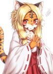  anthro cute_fangs felid female fur hi_res horokusa0519 looking_at_viewer mammal orange_body orange_fur pantherine pink_nose red_eyes shrine_maiden solo striped_body striped_fur stripes tiger tora-chan_(horokusa) white_body white_fur 