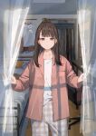  1girl absurdres bangs bed bedroom brown_eyes brown_hair chair collared_shirt comiket_99 curtains desk facing_viewer highres indoors medium_hair messy_hair morning open_mouth original pajamas sako_(35s_00) shirt solo standing 