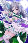  1girl ahoge alternative_girls angel_wings closed_mouth dress eyebrows_visible_through_hair fighting_stance full_moon hair_ornament highres holding holding_sword holding_weapon jewelry kira_sayuri long_hair looking_at_viewer moon official_art purple_eyes silver_hair smile solo sword weapon white_dress white_feathers white_legwear wings 