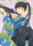  1girl black_hair brown_eyes floral_print flower from_behind frown gun holding holding_gun holding_weapon japanese_clothes kimono long_hair looking_at_viewer looking_back machine_gun nadeshiko_rin original ponytail solo spider_web_print traditional_media weapon wisteria 