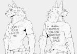  2020 anthro canid canine canis clothing dipstick_ears don&#039;t_fuck_with_me english_text fur inner_ear_fluff luxury_gin male mammal meme monochrome multicolored_ears shirt solo text text_on_clothing text_on_shirt text_on_topwear topwear tuft wolf 