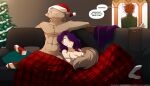  7:4 ? abs anthro athletic athletic_male barefoot bed blush bodily_fluids bra breasts brown_body brown_fur canid canine canis christmas christmas_clothing christmas_headwear christmas_tree cleavage clothed clothing conditional_dnp cuddling dialogue drooling drunk duo_focus eggnog english_text feet female fur furniture group hair hair_over_eye hat hat_over_eyes headgear headwear hi_res holidays human inside keidran leaning leaning_back lying male mammal maren_taverndatter nude on_back on_bed one_eye_obstructed open_mouth plant purple_hair red_hair roselyn_(twokinds) saliva santa_hat shocked sitting substance_intoxication sythe_(twokinds) tail_coil text tom_fischbach tree trio twokinds under_covers underwear webcomic wolf 