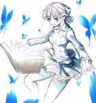  1girl alice_elliot book bow breasts bug butterfly buttons dress hair_bow looking_at_viewer mitsukuni open_mouth shadow_hearts short_hair silver_hair skirt solo thighhighs white_legwear 