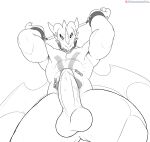  2019 abs anthro arms_above_head balls bandai_namco bdsm black_and_white blush bound digimon digimon_(species) digital_media_(artwork) erection exveemon genitals line_art looking_at_viewer male masturbation_denial monochrome muscular muscular_anthro muscular_male pecs penis pleading solo spelunker_sal 