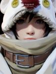  1girl brown_eyes brown_hair buckle cloak final_fantasy final_fantasy_vii final_fantasy_vii_remake highres hood looking_at_viewer malphier moogle ninja short_hair yuffie_kisaragi 