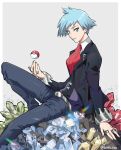  1boy bangs belt belt_buckle black_jacket blue_eyes blue_hair buckle closed_mouth collared_shirt commentary_request crystal from_side gem goro_orb highres jacket jewelry long_sleeves looking_at_viewer male_focus necktie pants poke_ball poke_ball_(basic) pokemon pokemon_(game) pokemon_oras red_necktie ring shirt short_hair sitting smile solo spiked_hair steven_stone vest white_shirt 
