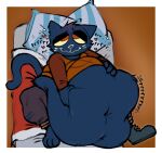  &lt;3 anthro barefoot bedding belly big_belly blanket blue_body blue_fur bodily_fluids clothed clothing deep_navel deep_skin domestic_cat eye_roll feet felid feline felis female footwear fur half-closed_eyes hi_res holding_belly hyper hyper_belly kafrizzzle looking_pleasured love_handles lying mae_borowski mammal midriff morbidly_obese morbidly_obese_anthro morbidly_obese_female narrowed_eyes navel night_in_the_woods obese obese_anthro obese_female on_back one_shoe_on overweight overweight_anthro overweight_female pillow purring red_eyes rumbling_stomach shirt_pants shoes simple_background smile solo sweat thick_thighs video_games wavy_mouth whiskers yellow_sclera 