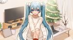  1girl aqua_hair bangs blue_eyes christmas christmas_tree clock computer couch curtains desk hatsune_miku highres holding_hands indoors kayuioekaki laptop long_hair looking_at_viewer pillow pout pov solo standing sweater television turtleneck turtleneck_sweater twintails very_long_hair vocaloid 