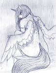  anthro bodily_fluids butt equid equine female freckles_on_butt gingersnaps_(oc) hasbro hi_res horn looking_away mammal my_little_pony nude raining rear_view sad scar sitting sketch snickerlewdles solo tears winged_unicorn wings 