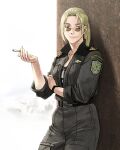  1girl blonde_hair blue_eyes breasts character_request cigarette closed_mouth dog_tags jewelry long_hair looking_at_viewer mikisato military military_uniform necklace ponytail smile solo sunglasses uniform 
