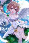  1girl alternative_girls angel_wings breasts brown_eyes brown_hair cleavage dress eyebrows_visible_through_hair full_moon heart heart_necklace highres holding holding_weapon looking_at_viewer momoi_hina moon night night_sky official_art open_mouth short_hair sky smile solo weapon white_dress white_feathers wings 
