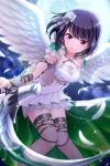  1girl alternative_girls angel_wings black_hair breasts cleavage closed_mouth dress eyebrows_visible_through_hair flower full_moon hair_flower hair_ornament heart heart_necklace highres holding holding_weapon looking_at_viewer moon night night_sky official_art onitsuka_chiho red_eyes short_hair sky smile solo weapon white_dress white_feathers wings 
