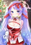  1girl alternate_costume bandaid_hair_ornament bell blue_archive blue_eyes blush bound bound_arms breasts christmas christmas_tree cleavage crossed_bandaids detached_collar fang halo hanae_(blue_archive) highres jacket kaerunrun large_breasts long_hair neck_bell open_clothes open_jacket pill_hair_ornament purple_hair ribbon ribbon_bondage santa_dress skin_fang sleeves_past_wrists smile solo stuffed_animal stuffed_bunny stuffed_toy twintails very_long_hair 