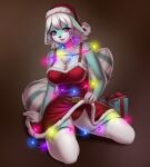  anthro blue_body blue_fur breasts christmas christmas_clothing clothed clothing fairy_lights female fur gift gift_box hair holidays legwear looking_at_viewer mammal neonway procyonid purple_eyes raccoon simple_background smile solo stockings white_hair 
