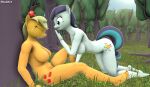  3d_(artwork) absurd_res all_fours anthro apple applejack_(mlp) big_breasts breasts coloratura_(mlp) cutie_mark digital_media_(artwork) duo earth_pony equid equine female freckles friendship_is_magic grass hi_res horse mammal my_little_pony nude orchard plant pony shadart sitting source_filmmaker tree 