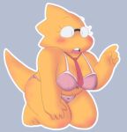  alphys alpi anthro belly big_breasts blush bra breasts buckteeth chubby_anthro chubby_female cleavage clothed clothing deltarune eyewear female front_view frown glasses hi_res kneeling lizard navel necktie non-mammal_breasts open_frown open_mouth panties reptile scales scalie short_stack simple_background skimpy slightly_chubby solo teeth thick_tail thick_thighs undertale_(series) underwear video_games wide_hips yellow_body yellow_scales 