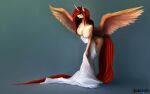  anthro bed_sheet bedding big_breasts breasts equid equine female fur gingersnaps_(oc) gradient_background hair hasbro hi_res horn leaning leaning_forward looking_aside mammal my_little_pony nude red_hair simple_background snickerlewdles solo spread_wings white_body white_fur winged_unicorn wings 