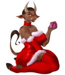  2021 2_horns absurd_res accessory anthro bedroom_eyes big_breasts braided_hair breasts brown_body brown_fur brown_hair brown_skin choker christmas christmas_clothing christmas_present clarabelle_abernathy clarisse_abernathy clothed clothing collar colored digital_drawing_(artwork) digital_media_(artwork) dress eyebrows female fingers fur gift hair half-closed_eyes hi_res holding_object holidays hooves horn jewelry kneeling light lighting lips looking_at_viewer mammal narrowed_eyes necklace open_mouth pink_eyes portrait pose raised_tail seductive shaded simple_background slutydox smile smirk smug solo spots teeth thick_thighs tongue tongue_out wide_hips 