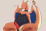  2019 blush bow_tie bunny_costume charizard clothed clothing clothing_aside collar costume crossdressing crouching dragon erection fire fishnet fishnet_legwear hi_res horn jokoifu legwear looking_at_viewer male nintendo open_mouth playboy_outfit pok&eacute;mon pok&eacute;mon_(species) simple_background solo thick_thighs video_games 