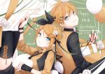  1boy 1girl back-to-back bangs birthday black_legwear blonde_hair blue_eyes bow chalkboard character_name collared_shirt flower hair_bow hair_flower hair_ornament hairclip heart kagamine_len kagamine_rin kuroi_(liar-player) lace-up_legwear long_sleeves matching_outfit shirt short_hair siblings sitting swept_bangs thighhighs tsurime twins twitter_username vest vocaloid 