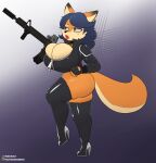  2021 anthro berkthejerk big_breasts blue_hair boots breasts canid canine carmelita_fox clothing ear_piercing female fingerless_gloves footwear fox gloves hair handwear hi_res high_heeled_boots high_heels holding_object holding_weapon mammal orange_eyes piercing sly_cooper_(series) solo sony_corporation sony_interactive_entertainment sucker_punch_productions thick_thighs video_games weapon 