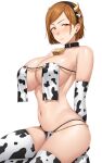  1girl absurdres animal_ears animal_print arms_behind_back bare_shoulders bell bikini black_collar blush breasts brown_eyes brown_hair cleavage closed_mouth collar cow_ears cow_horns cow_print cowbell earrings elbow_gloves fake_animal_ears fake_horns from_side gloves highres horns jewelry jujutsu_kaisen kneeling kugisaki_nobara large_breasts micro_bikini navel neck_bell no_shoes short_hair shy sideboob simple_background skindentation solo stomach swimsuit tears thighhighs underboob white_background yakimi_27 