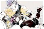  absurdres battle_tendency blue_hair caesar_anthonio_zeppeli closed_eyes feather_hair_ornament feathers gradient_hair hair_ornament highres jojo_no_kimyou_na_bouken joseph_joestar joseph_joestar_(young) lap_pillow mask multicolored_hair nigelungdayo pink_hair purple_hair scratches sitting teasing triangle_print 