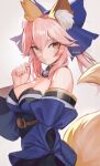  1girl animal_ear_fluff animal_ears bangs bare_shoulders beige_background blue_ribbon breasts cleavage closed_mouth commentary detached_sleeves fate/extra fate/grand_order fate_(series) fox_ears fox_girl fox_tail hair_ornament hair_ribbon hand_up japanese_clothes large_breasts long_hair looking_at_viewer notcy4n orange_eyes pink_hair ribbon simple_background smile solo tail tamamo_(fate) 