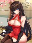  1girl absurdres bare_shoulders black_gloves blue_eyes breasts brown_hair brown_legwear cherry_blossoms china_dress chinese_clothes cleavage cleavage_cutout clothing_cutout collarbone counter:side dress elbow_gloves elze_(s01047480836) gloves gold_trim hair_ornament highres lap_pillow_invitation large_breasts long_hair looking_at_viewer nipples no_panties pelvic_curtain red_dress seo_yoon sitting sleeveless sleeveless_dress smile solo thighhighs thighs very_long_hair 