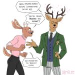  angry anthro antlers beastars blades_of_furry brown_body brown_fur cervid cervine clothed clothing crossover deya_muniz dialogue duo emile_(blades_of_furry) english_text fur hi_res horn humor louis_(beastars) male mammal red_deer size_difference sparkles text 