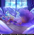  3_toes bed blush cloak clothing covering covering_mouth detailed_background digital_media_(artwork) english_text feet female feral flustered furniture genitals hi_res lying mammal multi_tail nintendo on_bed pawpads pillow pok&eacute;mon pok&eacute;mon_(species) presenting pussy raised_leg rymherdier signature smile solo spread_legs spreading text toes url video_games vulpix window 