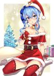  1girl absurdres bare_shoulders bell belt bike_shorts blue_eyes blue_hair blush boots bow christmas collarbone earrings eyebrows_visible_through_hair fur_trim gift gloves hair_bow hat highres hololive hoshimachi_suisei jewelry long_hair neck_bell pom_pom_(clothes) pukara sack santa_costume santa_dress santa_gloves santa_hat side_ponytail sitting solo star_(symbol) star_earrings star_in_eye sweat symbol_in_eye thighhighs virtual_youtuber wariza zettai_ryouiki 