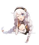  1girl :d bangs blue_eyes bodysuit braid breasts cleavage highres honkai_(series) honkai_impact_3rd idass_(idass16) kiana_kaslana kiana_kaslana_(white_comet) long_hair looking_at_viewer one_eye_closed open_mouth simple_background smile twin_braids white_background white_bodysuit white_hair 