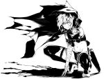  1girl absurdres bandaged_arm bandages breasts cloak cropped_vest fate/apocrypha fate_(series) greyscale hair_between_eyes highres jack_the_ripper_(fate/apocrypha) monochrome navel orochi_itto panties scar scar_across_eye scar_on_cheek scar_on_face short_hair shoulder_tattoo small_breasts smile solo squatting tattoo thighhighs underwear vest 