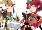  2girls absurdres bangs black_gloves blonde_hair breasts chest_jewel dress earrings elbow_gloves fingerless_gloves gloves headpiece highres jewelry large_breasts long_hair multiple_girls mythra_(massive_melee)_(xenoblade) mythra_(xenoblade) one_eye_closed pyra_(xenoblade) red_eyes red_hair revision short_dress short_hair smash_invitation super_smash_bros. super_smash_bros._logo swept_bangs tiara very_long_hair white_gloves xenoblade_chronicles_(series) xenoblade_chronicles_2 yellow_eyes yuuki_shin 
