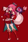  1girl alternate_costume bag bangs belt boots box christmas detached_sleeves dress fingerless_gloves fire_emblem fire_emblem:_the_sacred_stones full_body gift gift_box gloves hand_on_hip hat highres kurimori long_hair looking_at_viewer marisa_(fire_emblem) monster pink_eyes pink_hair red_background red_dress red_footwear red_gloves ribbon sack santa_costume santa_hat star_(symbol) 