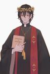  1boy bangs black_hair book chinese_commentary commentary_request ears english_text green_eyes head_wreath holding holding_book leonard_mitchell lips lord_of_the_mysteries priest robe seiboku short_hair simple_background solo white_background 