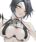  1girl annlee areola_slip areolae azur_lane bangs bare_shoulders black_hair breast_strap breasts choker commentary_request hair_over_one_eye head_tilt large_breasts looking_at_viewer short_hair shrug_(clothing) simple_background skindentation slit_pupils solo swept_bangs ulrich_von_hutten_(azur_lane) upper_body white_background yellow_eyes 