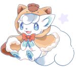  :3 :d alolan_vulpix blue_eyes bow bowtie capelet commentary_request cosplay full_body hair_between_eyes hood hood_up hooded_capelet kana_(maple926) looking_afar no_humans open_mouth own_hands_together pokemon pokemon_(creature) red_bow simple_background smile star_(symbol) toes vulpix vulpix_(cosplay) white_background 