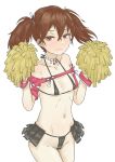  1girl adapted_costume bangs bikini black_bikini black_skirt blush breasts brown_eyes brown_hair choker commentary_request hair_between_eyes hair_ribbon highres kantai_collection long_hair looking_at_viewer micro_bikini nito_(nshtntr) pleated_skirt pom_pom_(cheerleading) ribbon ryuujou_(kancolle) simple_background sitting skirt small_breasts solo swimsuit tassel twintails white_background white_choker white_ribbon 