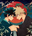  2boys artist_name bakugou_katsuki blonde_hair boku_no_hero_academia cherry_blossoms chrispplus dressing_another freckles green_eyes green_hair head_down heads_together highres japanese_clothes leaf looking_at_another looking_at_object male_focus midoriya_izuku multiple_boys patterned_background pine_tree red_eyes spiked_hair tree 