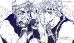  2boys battle_tendency beanie caesar_anthonio_zeppeli feather_hair_ornament feathers fingerless_gloves gloves hair_ornament hands_on_own_cheeks hands_on_own_face hat jojo_no_kimyou_na_bouken joseph_joestar joseph_joestar_(young) mask multiple_boys nigelungdayo pink_eyes purple_eyes triangle_print 