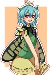  1girl antennae aqua_hair blush border butterfly_wings cowboy_shot dress eternity_larva fairy green_dress hair_between_eyes leaf leaf_on_head multicolored_clothes multicolored_dress open_mouth red_eyes renshirenji short_hair short_sleeves single_strap smile solo touhou white_border wings 