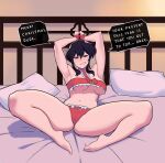  absurdres armpits barefoot bed black_eyes black_hair bound bound_wrists cameltoe christmas commission commissioner_upload covered_nipples dialogue_box fire_emblem fire_emblem:_genealogy_of_the_holy_war frills highres larcei_(fire_emblem) lingerie narrowed_eyes odatakai panties pillow ribbon smirk smug toes underwear 