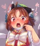  1girl ahoge animal_ear_fluff animal_ears blush bow bowtie brown_hair cat_ears chen cum cum_in_mouth full-face_blush hat heart heart-shaped_pupils ibaraki_natou looking_at_viewer mask mask_pull mob_cap mouth_mask nekomata open_mouth red_eyes short_hair simple_background solo symbol-shaped_pupils teeth tongue touhou uvula white_bow white_bowtie 