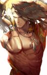  1boy abs animal animal_on_shoulder arm_tattoo bara bird bracelet closed_mouth eagle earrings facial_hair feather_necklace feathers highres jewelry large_pectorals muscular muscular_male navel necklace nipples original pectorals reisei_zero ring stomach_tattoo stubble tattoo yellow_eyes 